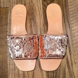 Tory Burch Women’s Rose Gold Blush Carter Sequin Open-Toe Slide Sandal Size 6.5